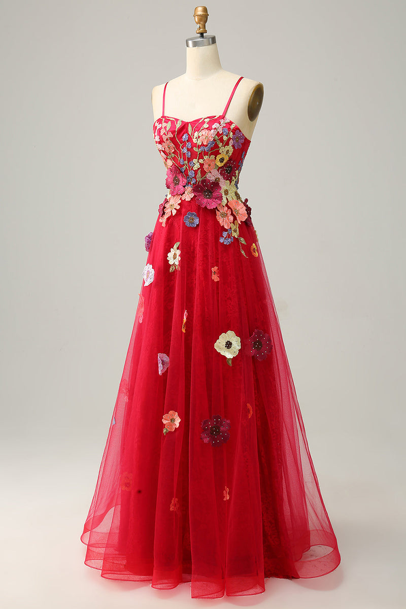 Load image into Gallery viewer, Tulle Spaghetti Straps Burgundy Long Formal Dress with Embroidery