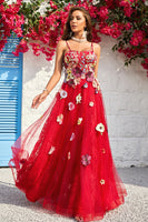 Load image into Gallery viewer, Spaghetti Straps Burgundy Long Formal Dress with Embroidery