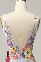Load image into Gallery viewer, Tulle Backless Lavender Long Formal Dress with Embroidery