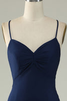 Load image into Gallery viewer, Mermaid Spaghetti Straps Navy Long Formal Dress with Slit