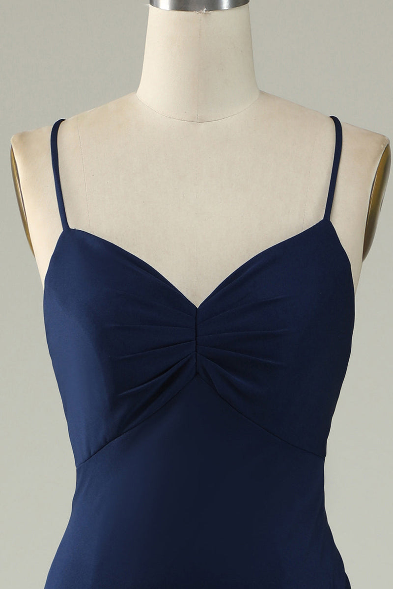 Load image into Gallery viewer, Mermaid Spaghetti Straps Navy Long Formal Dress with Slit