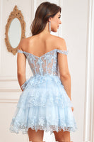Load image into Gallery viewer, Cute A Line Dark Blue Corset Tiered Short Formal Dress with Lace
