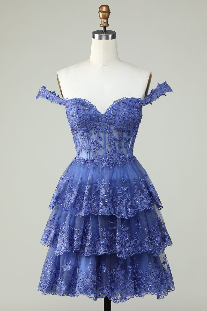 Load image into Gallery viewer, Cute A Line Dark Blue Corset Tiered Short Formal Dress with Lace