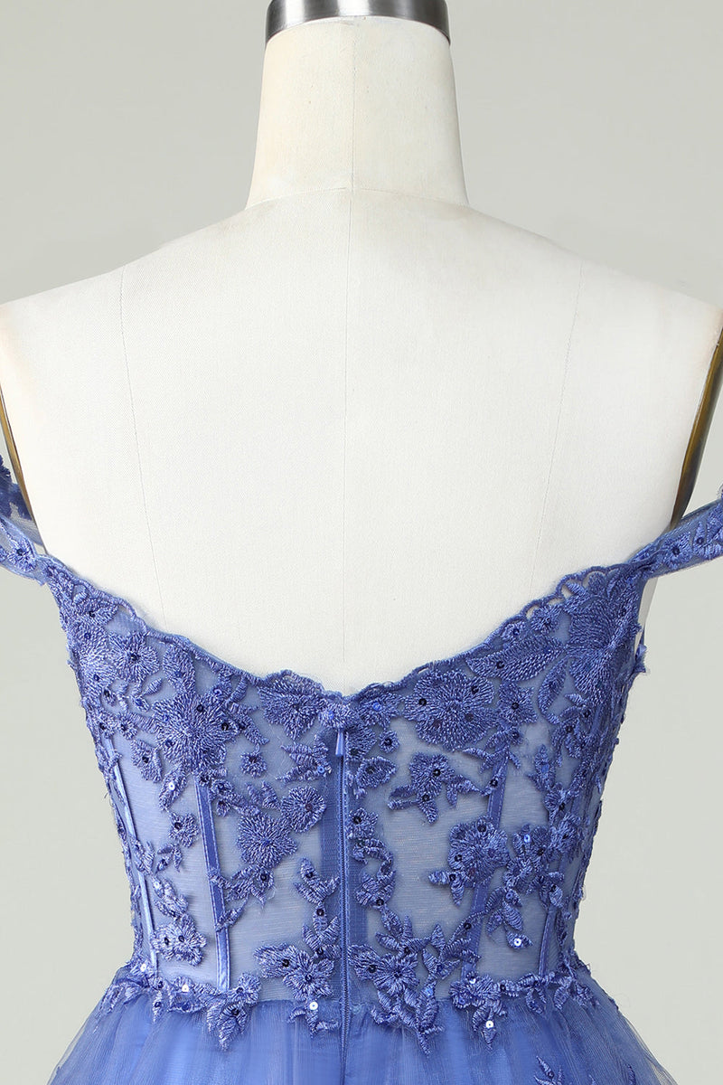 Load image into Gallery viewer, Cute A Line Dark Blue Corset Tiered Short Formal Dress with Lace
