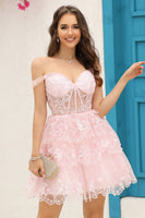 Load image into Gallery viewer, Cute A Line Dark Blue Corset Tiered Short Formal Dress with Lace