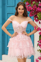 Load image into Gallery viewer, Cute A Line Dark Blue Corset Tiered Short Formal Dress with Lace