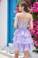 Load image into Gallery viewer, Cute A Line Dark Blue Corset Tiered Short Formal Dress with Lace