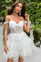 Load image into Gallery viewer, Cute A Line Dark Blue Corset Tiered Short Formal Dress with Lace