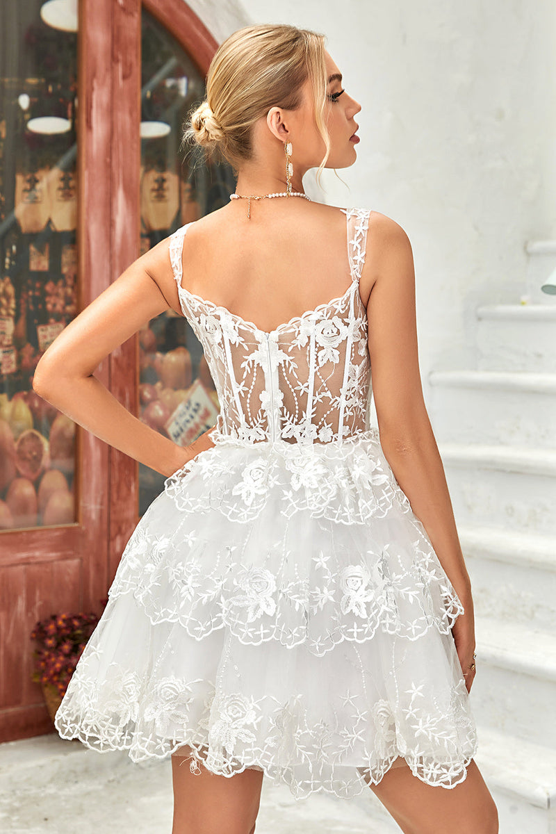Load image into Gallery viewer, Cute A Line Dark Blue Corset Tiered Short Formal Dress with Lace