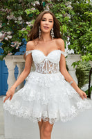 Load image into Gallery viewer, Cute A Line Dark Blue Corset Tiered Short Formal Dress with Lace