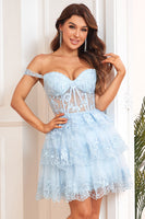 Load image into Gallery viewer, A Line Off the Shoulder Blue Corset Short Formal Dress with Lace