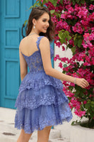 Load image into Gallery viewer, A Line Off the Shoulder Blue Corset Short Formal Dress with Lace