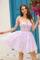Load image into Gallery viewer, A Line Spaghetti Straps Grey Blue Short Formal Dress with Embroidery