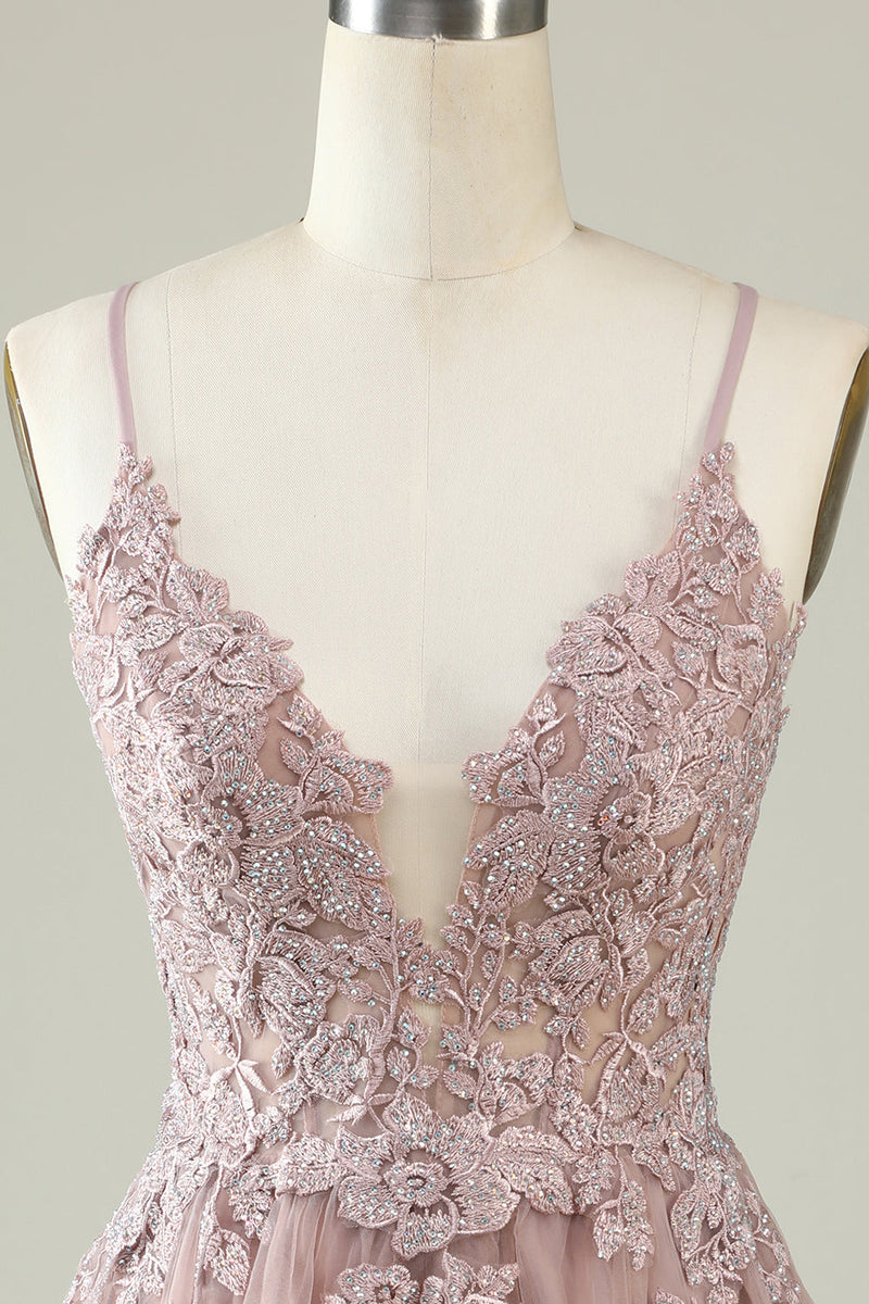 Load image into Gallery viewer, V-Neck Blush Beaded Short Formal Dress with Appliques