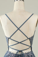 Load image into Gallery viewer, V-Neck Grey Blue Beaded Short Formal Dress with Appliques