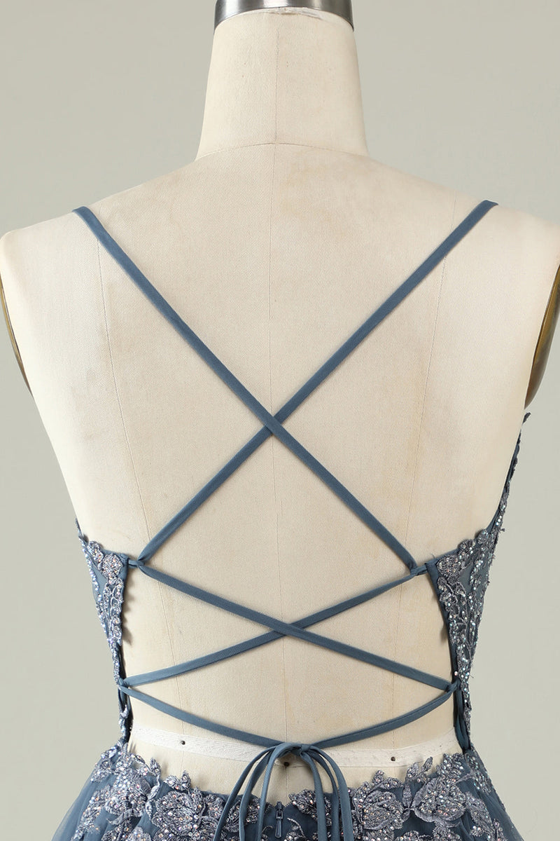Load image into Gallery viewer, V-Neck Grey Blue Beaded Short Formal Dress with Appliques