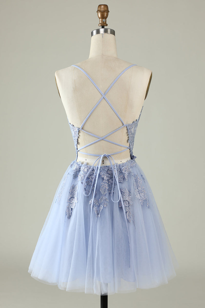 Load image into Gallery viewer, V-Neck Light Purple Beaded Short Formal Dress with Appliques