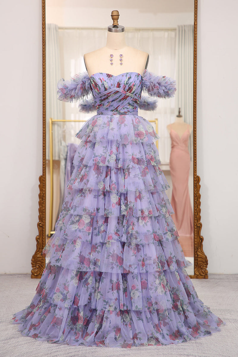 Load image into Gallery viewer, Blue A Line Strapless Long Tiered Formal Dress With Feathers