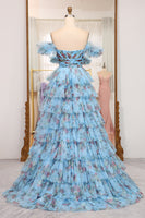 Load image into Gallery viewer, Blue A Line Strapless Long Tiered Formal Dress With Feathers