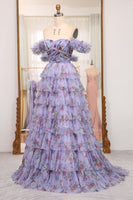 Load image into Gallery viewer, Blue A Line Strapless Long Tiered Formal Dress With Feathers