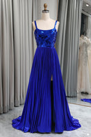 Load image into Gallery viewer, Glitter Royal Blue A Line Long Mirror Formal Dress With Slit