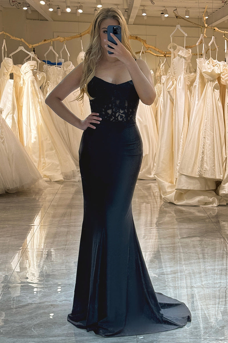 Queendancer Women Black Long Corset Formal Dress Mermaid Spaghetti