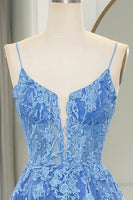 Load image into Gallery viewer, Blue A Line Tulle Long Formal Dress With Appliques