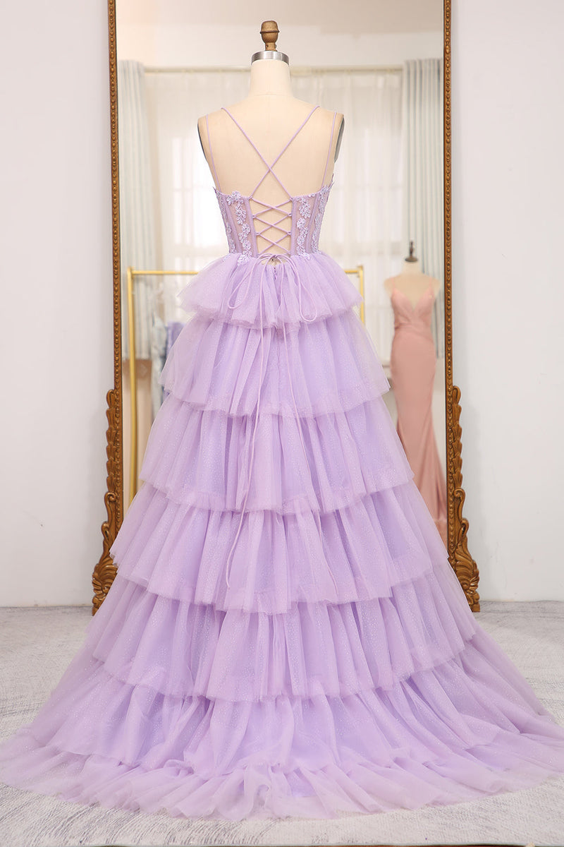 Load image into Gallery viewer, Elegant Lilac A Line Tiered Long Corset Formal Dress With Appliques