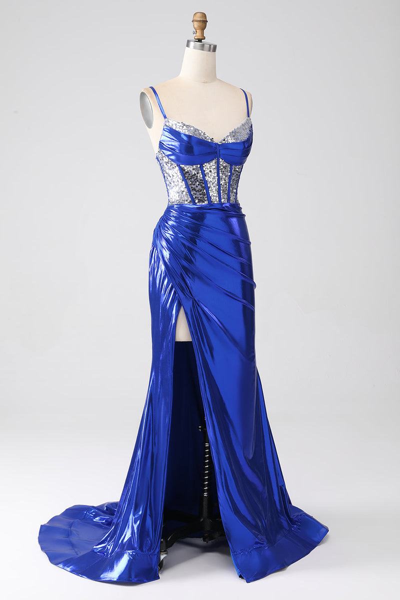 Load image into Gallery viewer, Royal Blue Mermaid Sparkly Sequin Pleated Corset Formal Dress With Slit