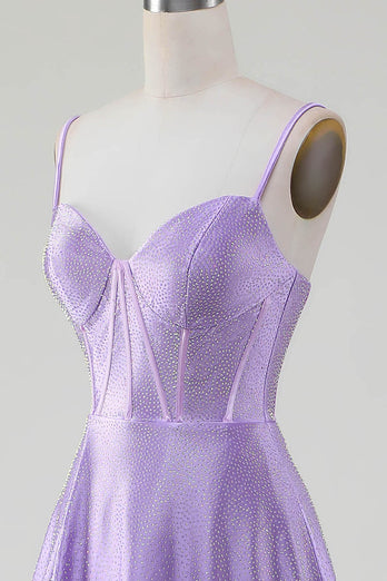 Simple Sparkly Lilac A-Line Side Slit Corset Formal Dresses with Rhinestones