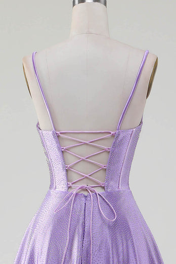 Simple Sparkly Lilac A-Line Side Slit Corset Formal Dresses with Rhinestones