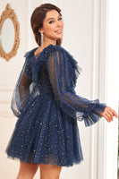 Load image into Gallery viewer, A Line V Neck Navy Short Formal Dress with Long Sleeves