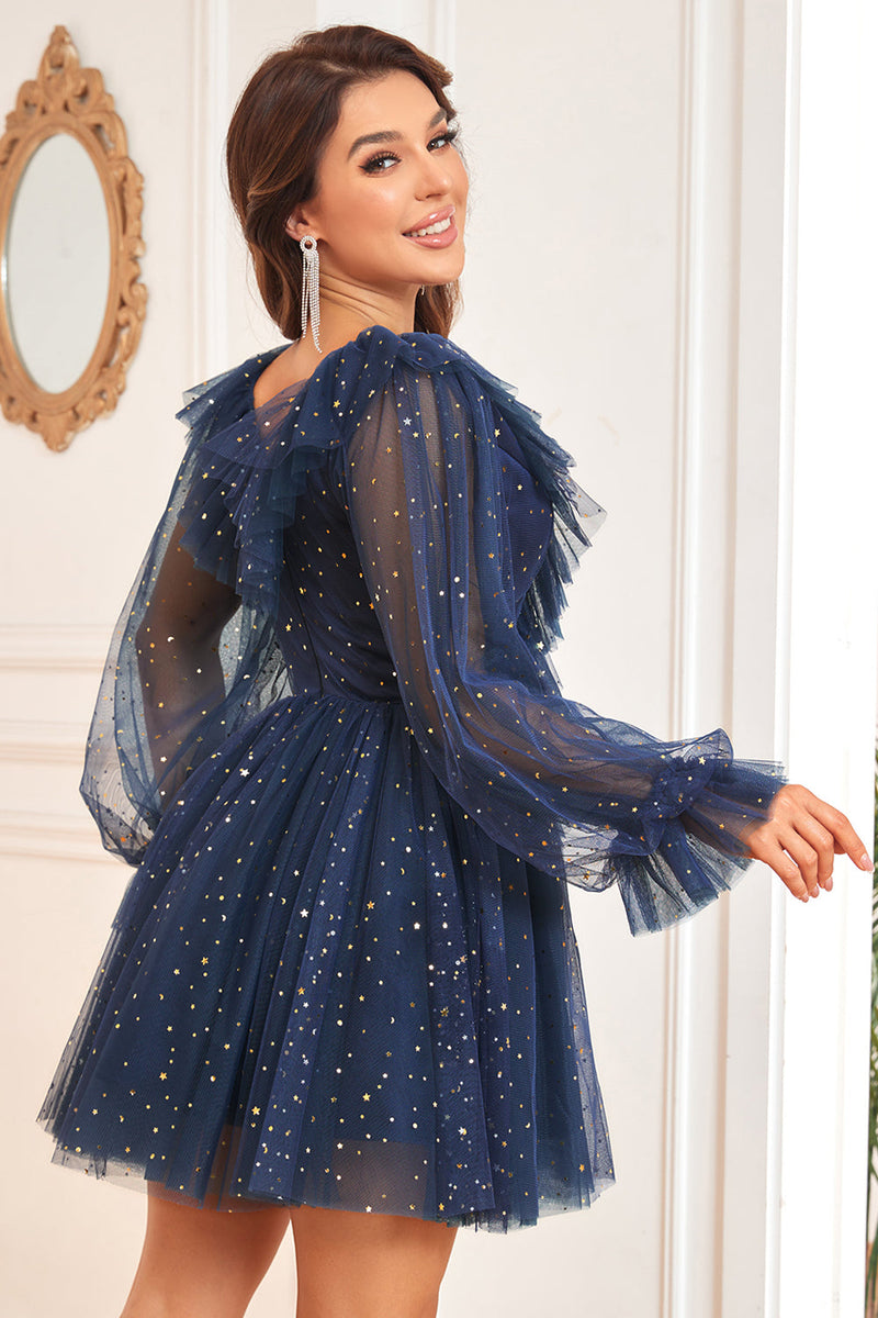 Load image into Gallery viewer, A Line V Neck Navy Short Formal Dress with Long Sleeves