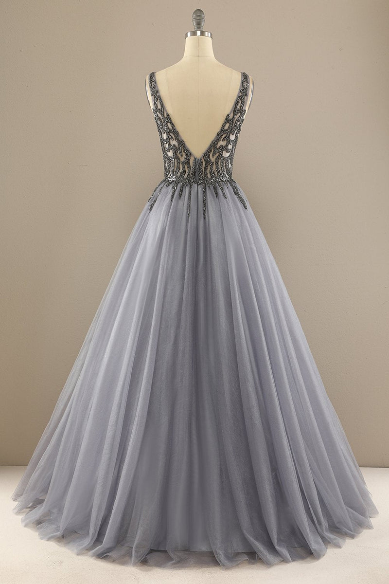 Load image into Gallery viewer, Tulle Grey Long Formal Dress with Beading