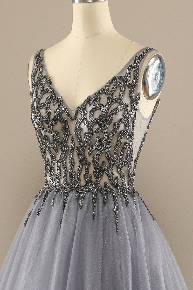 Load image into Gallery viewer, Tulle Grey Long Formal Dress with Beading