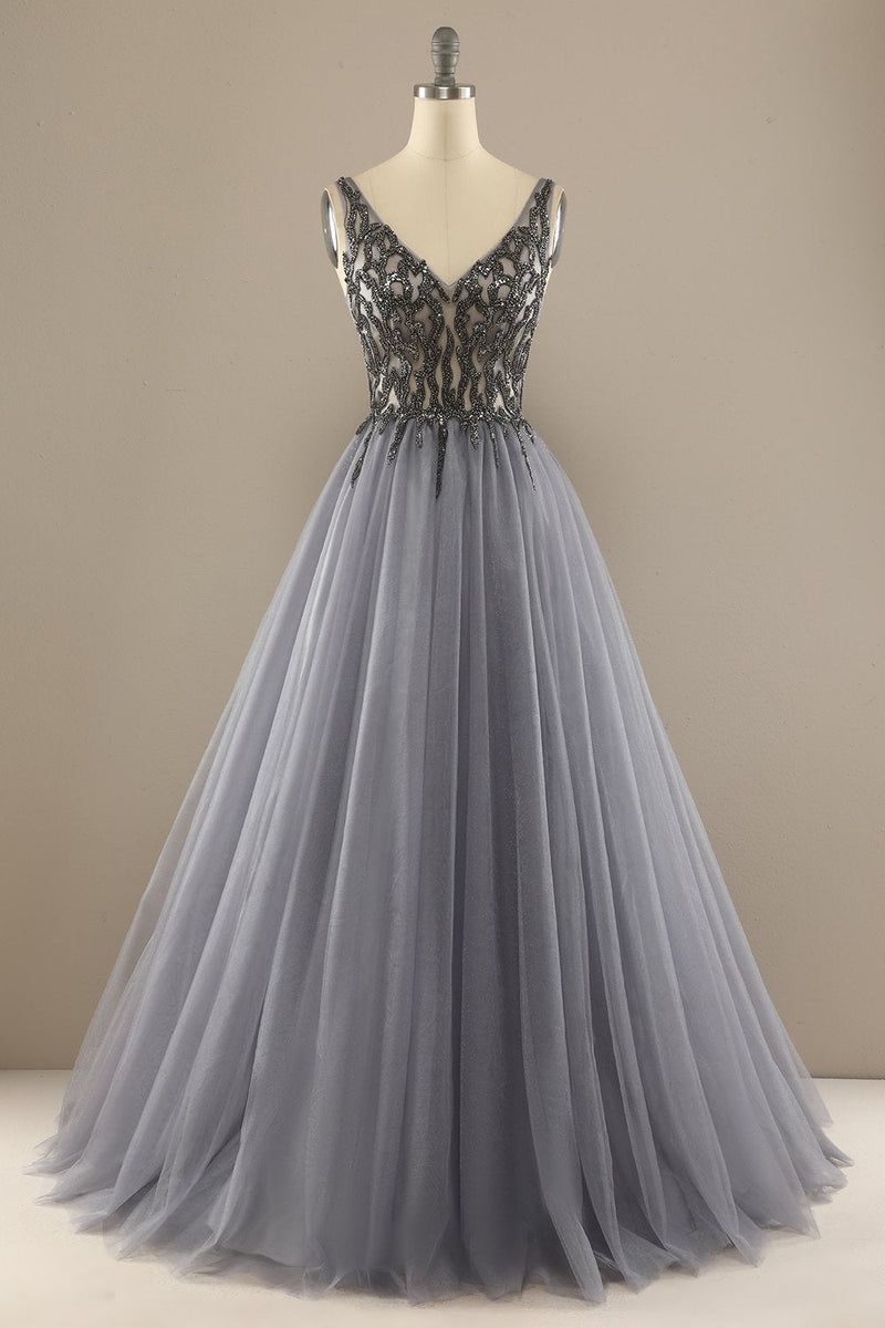 Load image into Gallery viewer, Tulle Grey Long Formal Dress with Beading