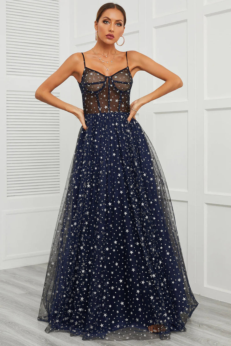 Load image into Gallery viewer, Spaghetti Straps Navy Long Formal Dress with Star