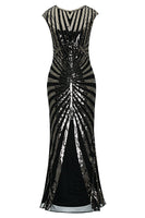 Load image into Gallery viewer, Black and Champagne 1920s Sequined Flapper Dress