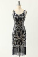 Load image into Gallery viewer, Scoop Neck Black Silver 1920s Dress