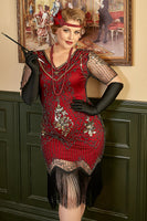 Load image into Gallery viewer, Black Golden Sequins Gatsby Fringed Plus Size 1920s Dress