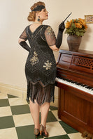 Load image into Gallery viewer, Black Golden Sequins Gatsby Fringed Plus Size 1920s Dress