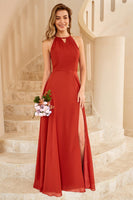 Load image into Gallery viewer, Sky Blue Long Chiffon Bridesmaid Dress with Slit