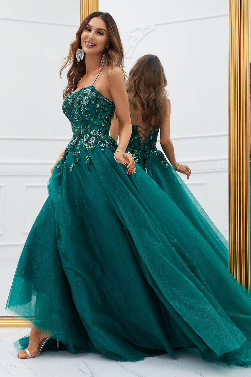 Load image into Gallery viewer, Sparkly Dark Green Tulle Long Formal Dress with Appliques