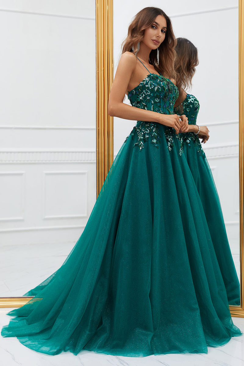 Load image into Gallery viewer, Sparkly Dark Green Tulle Long Formal Dress with Appliques