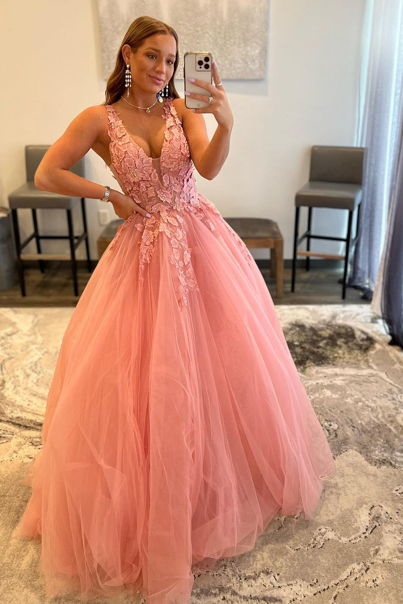 Load image into Gallery viewer, A Line V Neck Orange Formal Dress with Appliques