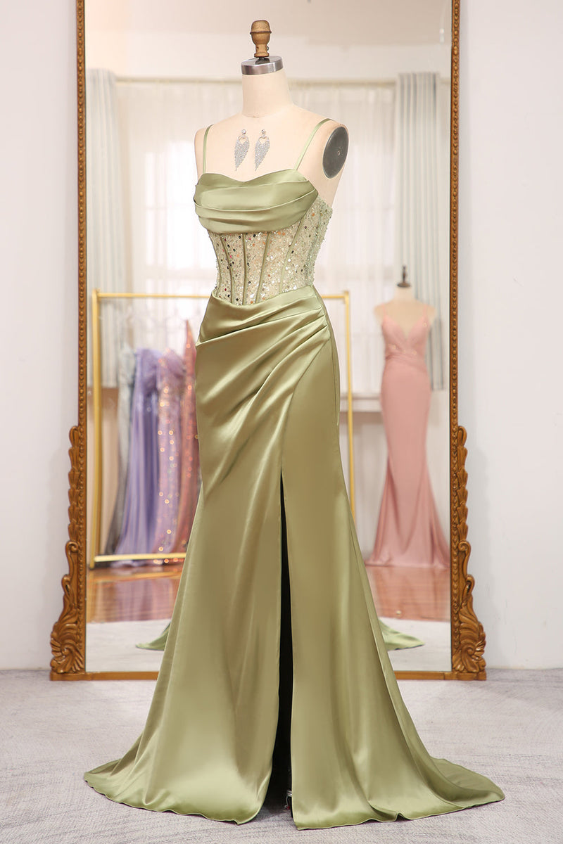 Queendancer Women Sage Long Corset Formal Dress With Slit Mermaid