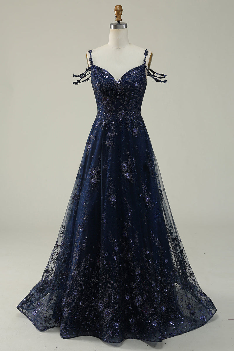 Load image into Gallery viewer, Spaghetti Straps Sequins Navy Long Formal Dress