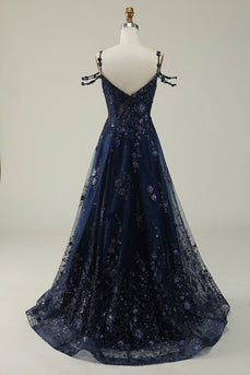 Sparkly Spaghetti Straps Sequins Navy Long Formal Dress