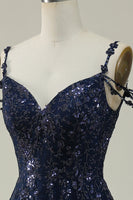 Load image into Gallery viewer, Sparkly Spaghetti Straps Sequins Navy Long Formal Dress