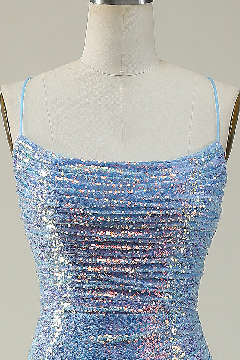 Load image into Gallery viewer, Lace-Up Back Sparkly Sequins Blue Long Formal Dress with Slit